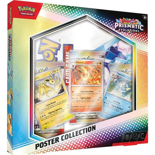 Discover a Rainbow of Eevee Friends! Eevee's three Evolutions originally discovered in the Kanto region are beloved by Pokemon Trainers across the land, and now you can add them to your own collection as foil promo cards! You'll also get a poster featuring the special Scarlet & Violet- Prismatic Evolutions expansion, along with three booster packs to open. The only question is which cards you'll find inside them! The Pokemon TCG: Scarlet & Violet- Prismatic Evolutions Poster Collection includes: 3 foil prom