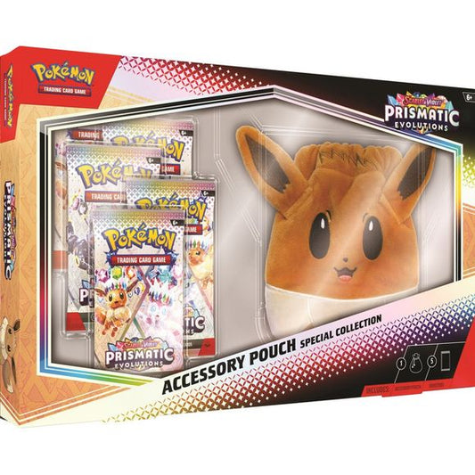 Evolve Your Accessory Storage with Eevee!
Cute, fuzzy, and full of charm, Eevee can bring a smile to the face of anyone it meets! With the soft accessory pouch in this collection, you can carry Eevee's enthusiasm with you wherever you go, from Pokemon League to a day out on the town. Eevee's big ears stand tall for a unique look, and the drawstring on top helps keep your coins and other accessories secure. Also included are booster packs from the special Scarlet & Violet - Prismatic Evolutions expansion, fe