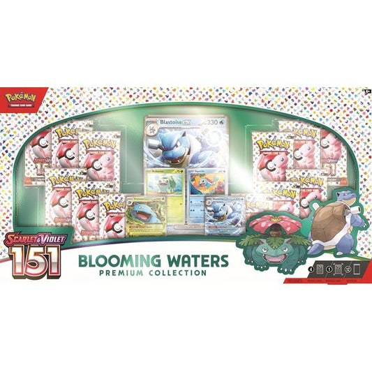 The Pokémon TCG: Blooming Waters Premium Collection includes 4 foil cards featuring Venusaur ex, Blastoise ex, Bulbasaur, and Squirtle.
This also comes with 1 oversize foil card featuring Blastoise ex and 12 Pokémon TCG booster packs.
You will also get a code card for Pokémon TCG Live.