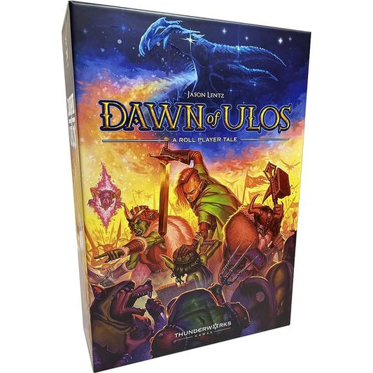 DAWN OF ULOS - For untold eons, the mortal races lived in separate planes, but now the dragon god Azema forges a new world by opening rifts to other planes. Dawn of Ulos is an economic tile-laying game for 1-5 players. You compete in a game among gods of the planarverse, wagering on and manipulating the rise and fall of mortals. Control the fate of Ulos! Develop a new world, invest in your favorite factions, and pit armies against each other. Choose wisely when to exert your influence. As factions rise and