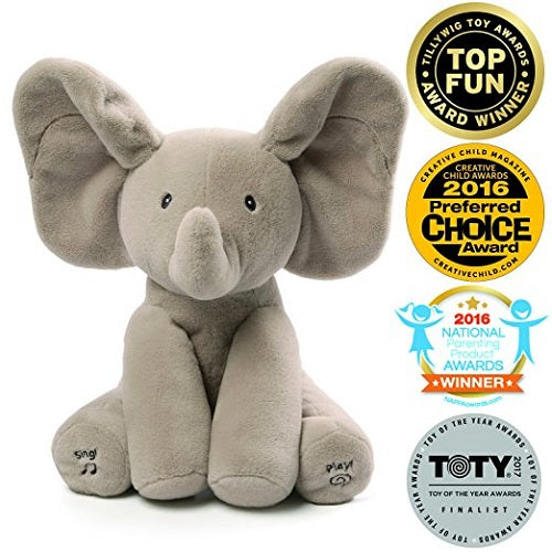 GUND is proud to present Flappy the Elephant - an adorable singing animated plush with two different play modes. Press the left foot to play an interactive game of peek-a-boo, and the right to hear a song in a cute child's voice. Ears move and flap during play. Surface-washable for easy cleaning. Appropriate for all ages. Three "AA" batteries included with purchase. Since 1898, GUND has been a premier plush company recognized worldwide for quality innovative products. Building upon award-winning designs, we