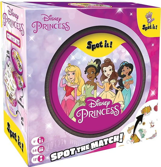 Spot It! Is a game of observation and quick reflexes for all! There is always only 1 matching symbol between 2 cards! Spot it first and you win! Spot It! Has 5 different ways to play, and this version of spot it features classic icons, items, and characters related to the beloved Disney Princesses.