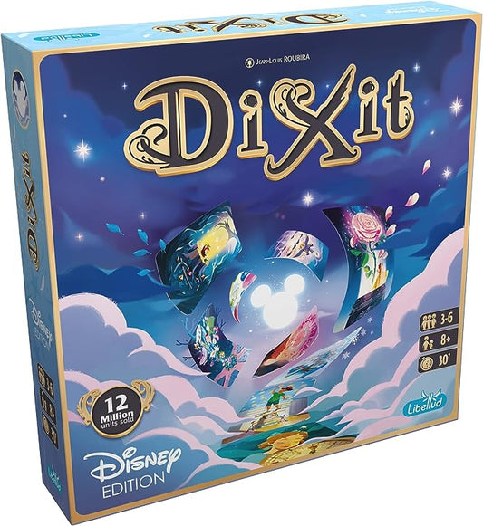 Dixit, the beloved modern classic that moved millions of players all around the world, is meeting the Disney universe! A new stand-alone Dixit game, with 84 wonderful new cards, based on famous Disney & Pixar movies, from Snow White to Turning Red. Same rules, with the new material from Dixit for 3 to 6 players: a board, voting dials, wooden meeples… everything beautifully coated with Disney magic.