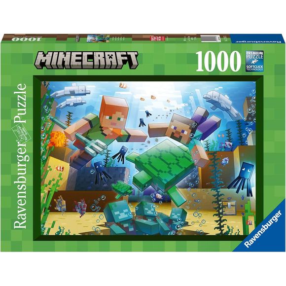 Minecraft allows players limitless creativity in an infinite biosphere! Choose Survival Mode where you build shelters and fight off monsters. Or choose Creative Mode where you're invincible and have access to unlimited supplies. That's where we imagined building this underwater scene, with explorers Alex and Steve searching for treasure beneath the surface and battling the drowned - those zombies just won't die! The Minecraft world, and this fun puzzle, are yours for the making! This 1,000-piece jigsaw puzz