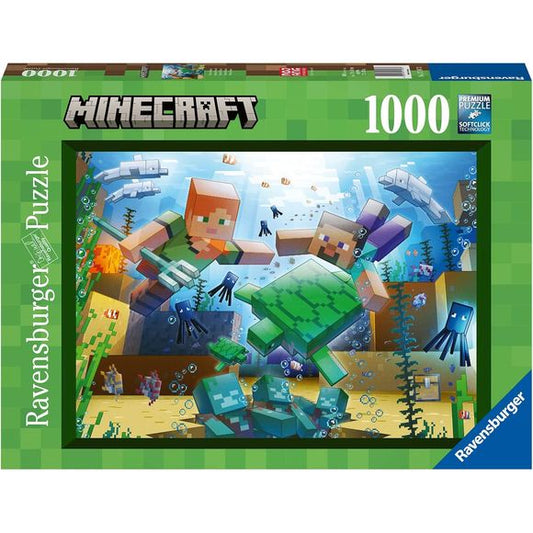 Minecraft allows players limitless creativity in an infinite biosphere! Choose Survival Mode where you build shelters and fight off monsters. Or choose Creative Mode where you're invincible and have access to unlimited supplies. That's where we imagined building this underwater scene, with explorers Alex and Steve searching for treasure beneath the surface and battling the drowned - those zombies just won't die! The Minecraft world, and this fun puzzle, are yours for the making! This 1,000-piece jigsaw puzz