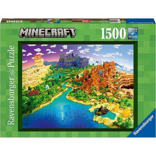 Being square is totally cool in Minecraft! It's not just a game, it's a creative outlet with limitless possibilities. As skills improve, first build a starter home then palaces and Pantheons! Our exclusive puzzle portrays the type of massive scale and variety of biomes players can imagine and create. Build burrows, construct caverns, forge forests, make mountains, produce pyramids, and shape ships. Piece by piece the Minecraft world, and this fun puzzle, are yours for the making! This 1,500-piece jigsaw puz