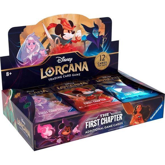 Wield magic inks and the power of Lorcana to assemble your team of Disney characters. Some characters will be familiar friends. Others will be fantastically reimagined. Each booster box contains 24 booster packs.

Unlike starter decks, booster packs contain twelve random cards from Disney Lorcana: The First Chapter. Use booster packs to build and customize your deck with abilities and characters beyond those found in starter decks.