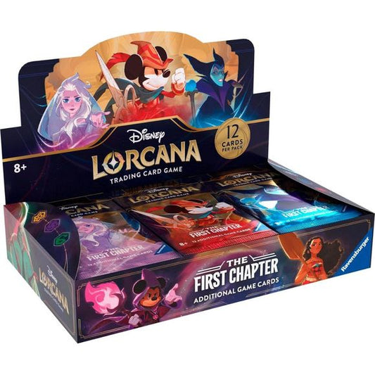 Wield magic inks and the power of Lorcana to assemble your team of Disney characters. Some characters will be familiar friends. Others will be fantastically reimagined. Each booster box contains 24 booster packs.

Unlike starter decks, booster packs contain twelve random cards from Disney Lorcana: The First Chapter. Use booster packs to build and customize your deck with abilities and characters beyond those found in starter decks.