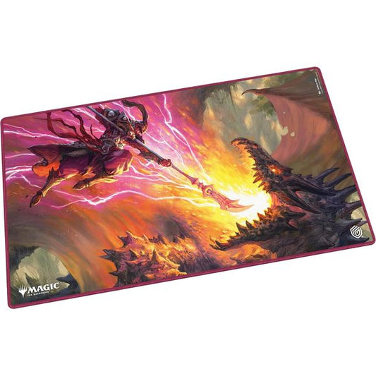 The 61x35cm Play-Mat protects cards and sleeves while playing and improves the gaming experience thanks to its anti-slip underside, while the stitched edges guarantee an even longer service life. The top side of the Play-Mat is printed with officially licensed artworks from Magic: The Gathering's upcoming set "Tarkir: Dragonstorm".
