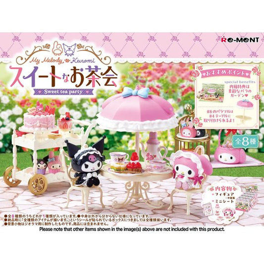 My Melody, who's good at making sweets, is treating Kuromi to a tea party! This new lineup from Re-Ment features lots of cute miniature food items with character motifs. The large parasol can be attached to the table for outdoor dining, too! There are eight different items to collect and trade, and you'll get one random

[Lineup]:

Tea party
Special cake
Cake stand
Cute scones
Invitation
Sweet waffles
Tea cart
Sun protection
