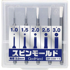 A tool set for drilling a hole with no need for a pilot hole

Pin vise [3mm] blade set, efficiently make holes clean and straight.

Five types of diameter 1 / 1.5 / 2 / 2.5 / 3mm

Since a center pin is attached, a hole is opened in the center.
There is no chisel function like the GH-SB-1-3 [Spin Blade] as this spin blade features a pin point to ensure centralization of holes.
