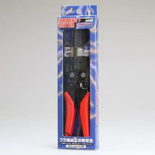 From GodHand comes an Amazing Cutter for all of your hobby needs!

This beast of a cutter can cut plastic sheets of up to 2mm thick, 75mm long, and plastic sticks with up to 5mm in diameter. Includes: Amazing Cutter
Cutter blade (attached to the cutter)
3mm plastic blade holder (attached to the cutter)
2mm hex wrench for blade changing
Exclusive-use scale
M3x8 Hex screw
0.5mm black washer
0.2mm clear washer