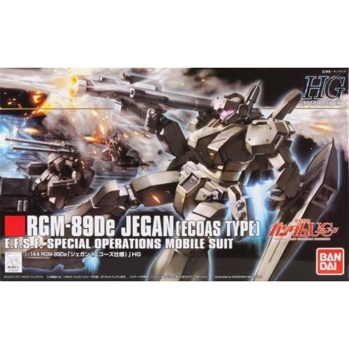 The RGM-89De Jegan [ECOAS Type] (aka Jegan "Four Eyes") is a general-purpose special operations mobile suit based on the RGM-89D Jegan for use by ECOAS. Includes Bazooka, Beam Saber, Beam Rifle, and a shield. Visor on head can also slide down to recreate appearance when using its more powerful cameras.
