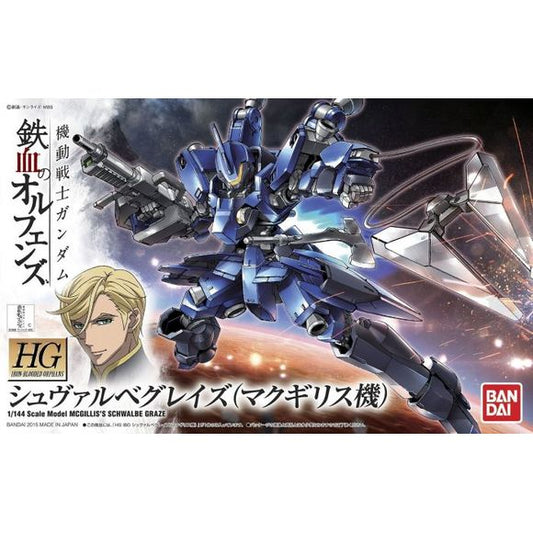 This kit of McGillis's Schwalbe Graze is molded in black, gray and dark blue plastic, and includes foil stickers. He comes with his claw weapon, along with a bendable wire to create all kinds of battle poses.