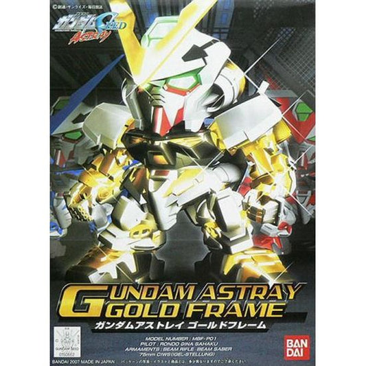 This fantastic little super-deformed version of Gundam Astray Gold Frame comes in colored and gold-plated plastic runners with polycaps for joints. It comes with all the weapon loadouts as seen in "Gundam Seed Astray." With parts that snap together easily, Gundam Astray Gold Frame requires no cement or paint to complete, although paint would add a realistic appearance to the final product.
