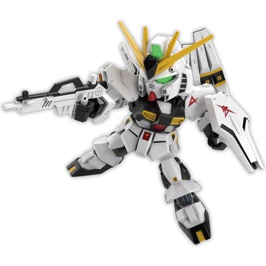 Bandai brings us a new SD EX Standard Nu Gundam! This new Ex Standard Nu kits come molded in multiple colors and feature limited articulation so you can get that perfect pose to display them!  Foil marking stickers are also included to add extra colors and markings to your kit. Moreover, a new gimmick added with these EX Standard kits. The ability to borrow parts and combine them to make new weapons that can be used with 1/144 scale HG Gundam kits!
