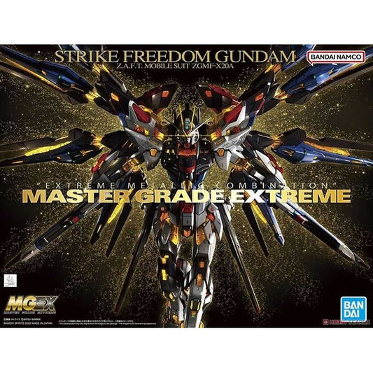 MGEX, the high-end brand renowned for its extreme expression in bringing MS Gundam to life, expands its line with the new Strike Freedom Gundam. The theme of this kit is the highest "metallic expression" in Gunpla history! Three types of special processing, two types of metallic molding, and etching stickers are used in a total of six patterns to express the metallic feel of the internal frame. Gaps in the armor pieces and use of red clear parts also help to emphasize the internal frame. Movable and equippe