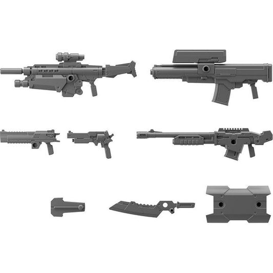 Arm your "30MS" (30Minutes Sisters) figures with this wide range of abundantly versatile military weapons! The rifle can be customized by dividing its parts, and the Desert Eagle and revolver can be stored in the holster and attached to the waist of a 30MS figure, too. [Includes]: Rifle, Revolver, Holster, Shotgun, Handgun, Launcher, Combat knife, and a Shield.