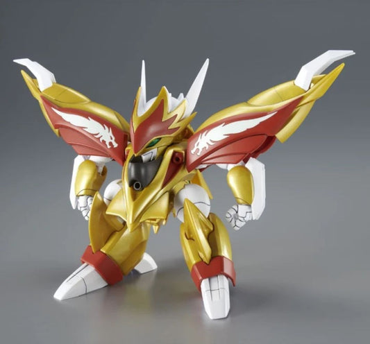 The golden Mashin Ryuseimaru has been recreated using newly designed parts.

Mashin Ryuseimaru from Mashin Hero Wataru 2 joins the HG series as a kit that adopts newly designed parts. The transition into its iconic Flying Dragon Form can be recreated by rearranging certain parts. Its wide range of articulation allows it to wield the Koryuken with both hands despite its bulky design. The included Jewel stickers have been used for the gem on the Koryuken. A display base is included to display the kit in its F