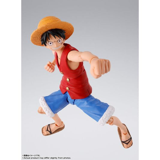 MONKEY.D.LUFFY -ROMANCE DAWN-, from the animated television series "ONE PIECE," joins S.H.Figuarts! Featuring a totally new sculpt and enhanced posability that lets you capture the most dynamic scenes! [Set Contents] Main Body, Three pairs of optional hands, Three optional expressions, Optional hair, Meat accessory