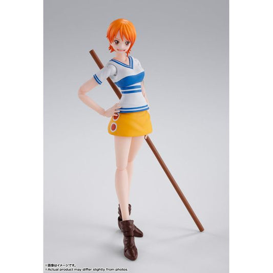 NAMI -ROMANCE DAWN-, from the animated television series "ONE PIECE," joins S.H.Figuarts! Featuring a totally new sculpt and enhanced posability that lets you capture the most dynamic scenes! [Set Contents] Main Body, Two left and three right optional hands, Optional hands together, Four optional expressions, Weapon, Treasure chest, Optional expression for MONKEY.D.LUFFY -ROMANCE DAWN- (sold separately)