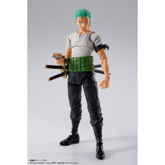 From the TV anime "ONE PIECE" comes a completely new model of "Roronoa Zoro" wearing the East Blue costume! Dynamic poses are possible by using soft parts in addition to the overwhelming range of motion. [Bonus parts] Body, Replacement wrist parts left and right, 3 types each, 2 types of replacement facial parts (normal head), 2 types of replacement facial parts (tenugui head), Set of sword for belt, 3 types of swords for batting [Bonus parts] Replacement facial expression parts for "S.H.Figuarts Monkey D.