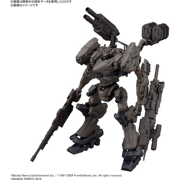 Bandai adds items from the game "Armored Core VI Fires of Rubicon" to their "30MM (30 Minutes Missions)" model-kit series! The impressive armored core Nightfall, piloted by Raven, helps debut the new lineup! The head, core, arms, and legs each use the same structure as other "30MM" items, allowing you to enjoy them as a plastic model kit just like in the game; 3mm joints are used to attach both shoulder weapons and some left-handed weapons. The left-handed weapon PB-0-33M Ashmead comes with replacement part