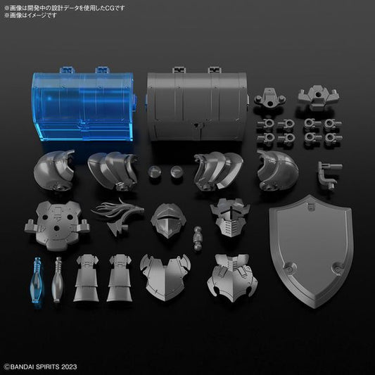 Bandai brings an extensive lineup into their "30MF (30 Minutes Fantasy)" action figure kit line with the Item Shop 1: Knight Option set! This set is packed with weapons and items that expand the range of armor replacement and customization; face, shoulder, and chest armor parts are offered in two different designs. A shield that's lighter than the knight's equipment is included, and two types of treasure boxes and potions are included: gray and clear blue. The treasure box has a lid that can be opened and c