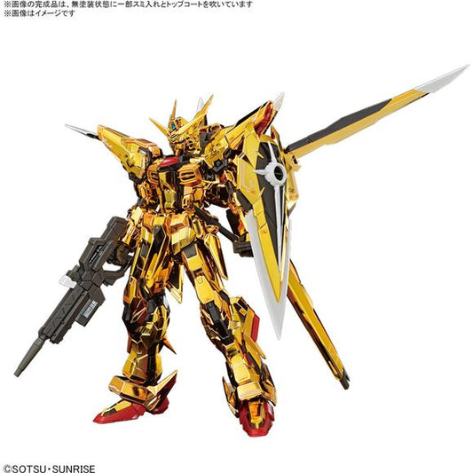 The Akatsuki Gundam from "Mobile Suit Gundam Seed Destiny," equipped with the Oowashi Pack, is plated in three types of gold and released as an RG (Real Grade) model kit by Bandai!

[Includes]:

Beam saber (connected)
Beam rifle
Shield
Hand parts (x1 set)
Joint parts
Realistic decals
Display base