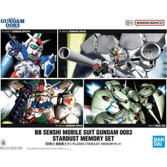 The popular super-cute "SD Gundam" model kits are back -- this time in a set of Mobile Suits from "Mobile Suit Gundam 0083 Stardust Memory"! Includes one each of the following:

BB Senshi 193 -- Gundam GP01Fb
BB Senshi 202 -- Gundam GP02A
BB Senshi 207 -- Gundam GP03D
BB Senshi 224 -- Neue Ziel
Stickers (x4)
Lead wire