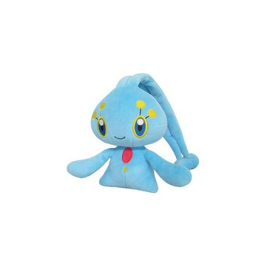 Manaphy is a small, blue, aquatic Pokemon with stubby feet and club-like arms that are longer than its body. It has a red gem on its chest and a yellow dot below the gem. Its onion-shaped head has a pair of long blue antennae, which have small spheres on the ends. Its irises are dark blue with yellow sclera, and there are two yellow dots of "eyelash" markings extending from the eyes.