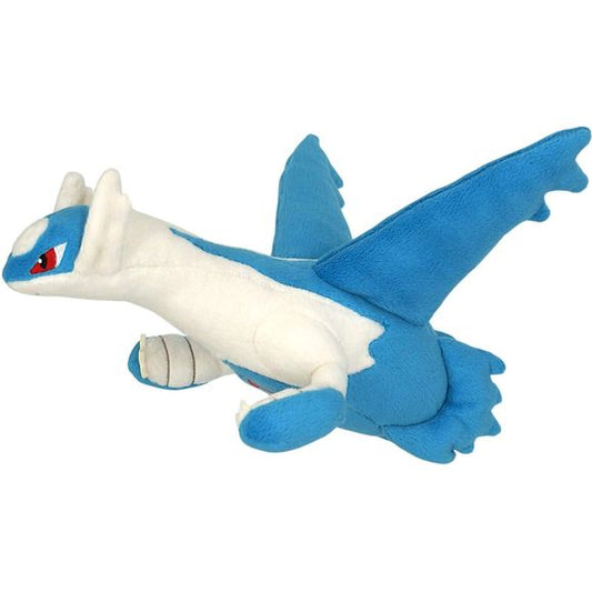 Latios is a Pokémon with a birdlike body stylized after a plane. Its body flows slowly into a thick neck, giving it a bulky appearance. It has no legs, usually floating instead. Most of its body is blue, with white areas near its arms and a white stripe on its back that extend up to its head. Jet-plane wings sit on top of its back, while two tall, jagged fins point behind it from its rear. Approx. Size: H 6" (15cm) x L 10.23" (26cm) x W 8.66" (22cm).