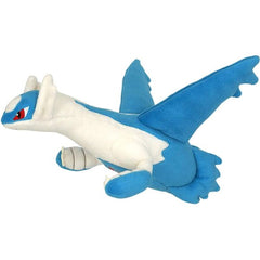 Latios is a Pokémon with a birdlike body stylized after a plane. Its body flows slowly into a thick neck, giving it a bulky appearance. It has no legs, usually floating instead. Most of its body is blue, with white areas near its arms and a white stripe on its back that extend up to its head. Jet-plane wings sit on top of its back, while two tall, jagged fins point behind it from its rear. Approx. Size: H 6" (15cm) x L 10.23" (26cm) x W 8.66" (22cm).