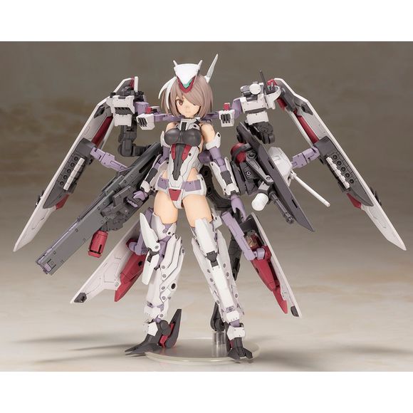 Kotobukiya's original character Kongo returns to their "Frame Arms Girl" figure-kit lineup! Designed by Takayuki Yanase, Kongo has been turned into a figure based on an illustration by Fumikane Shimada! This completely new Frame Arms Girl kit can reproduce various forms by transforming and recombining the large armaments; she comes with standard hands and feet. Her head can be changed from an armed state to an unarmed state, and three prepainted face parts are included. Her waist armor is movable, and the r