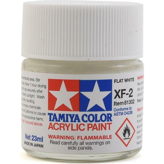 Tamiya Acrylic Paints are made from water-soluble acrylic resins and are excellent for either brush or spray painting. These paints can be used on styrol resins, styrofoam, wood, plus all of the common model plastics. The paint covers well, flows smoothly with no blushing or fading, and can be blended easily. 23ml screw top bottle. 

Proper ratio for paint thickness differs according to weather conditions. Rough guidelines of thinning ratio is 2:1-3:1 ( Tamiya Acrylic paint : thinner).