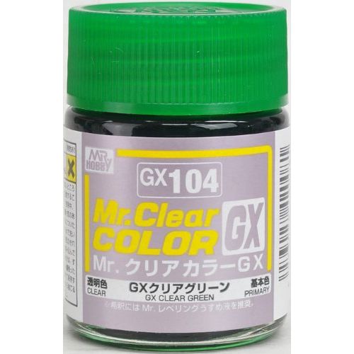 Mr. COLOR paint that features quick drying and strong coating for added appeal. This product displays brighter color development, effectively hides the surface color, and creates a stronger coating. We have also noticed a higher quality finished product without using “toluene” at all. This paint can be mixed with Mr. COLOR currently on the market and used with Mr. COLOR THINNER or LEVELING THINNER for dilution. GX104 Clear Green. 18ml screw top bottle.

1 - 2 coats are recommended when brush painting
2 -
