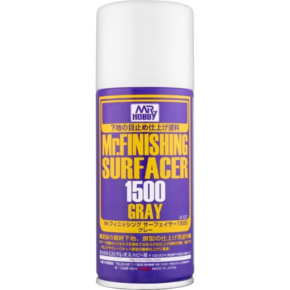 Mr.SURFACER 1500 contains finer granules than Mr.SURFACER 1000. They are both used in much the same way but due to the finer granules after sanding with waterproof sand-paper, a perfectly corrected surface is possible. Available in bottle and spray. This surfacer can be applied to give a final finish to the surface more smoothly.It has the characteristic of being fine grained and it is not prone to clogging up detail in the mold. Most suitable not only for making a base before painting but also for surface