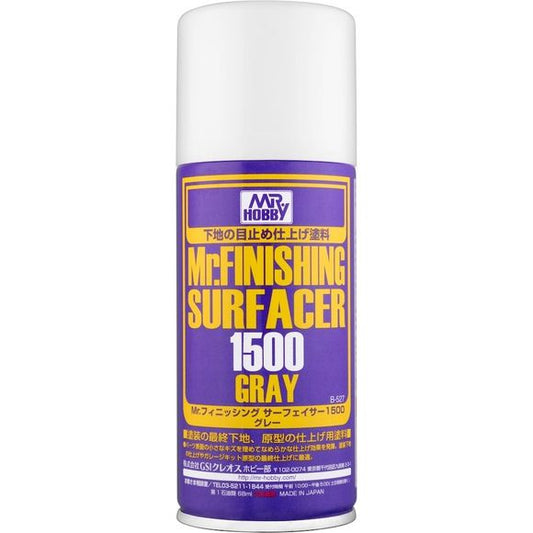 Mr.SURFACER 1500 contains finer granules than Mr.SURFACER 1000. They are both used in much the same way but due to the finer granules after sanding with waterproof sand-paper, a perfectly corrected surface is possible. Available in bottle and spray. This surfacer can be applied to give a final finish to the surface more smoothly.It has the characteristic of being fine grained and it is not prone to clogging up detail in the mold. Most suitable not only for making a base before painting but also for surface