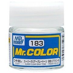 Mr Color paint, suitable for hand brushing & airbrushing, with good adhesion & fast drying is one of the finest scale modelling / hobby paints available. Solvent-based Acrylic, thin with Mr Color Thinner or Mr Color Levelling Thinner. Treat paint as a lacquer. 
2 - 3 coats when using an air brush - after diluting to a ratio of 1 (Mr.Color) : 1-2 (Mr. thinner).
Mix in 5 - 10% of Flat Base to make glossy colors semi-glossy.
Mix in 10 - 20% of Flat Base for a matte finish.

C183 Clear Gray Tone Flat. 10ml