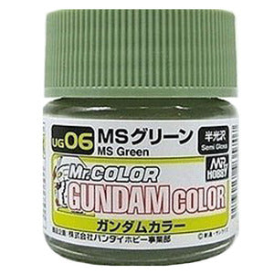 Mr Gundam Color paint, suitable for hand brushing & airbrushing, with good adhesion & fast drying is one of the finest scale modelling / hobby paints available. Solvent-based Acrylic, thin with Mr Color Thinner or Mr Color Levelling Thinner. Treat paint as a lacquer.  UG06 MS Green Semi-Gloss Paint. 10ml screw top bottle.

Continental US Shipping Only, ground transport only.  No Expedited shipping.