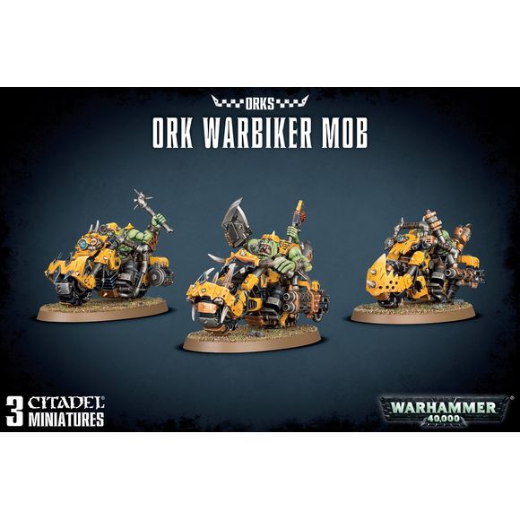 This boxed set contains 3 multi-part plastic Ork Warbikes, and includes options for an Ork Nob on Warbike, a variety of wargear options and extra details. Models supplied with 75 mm oval bases.