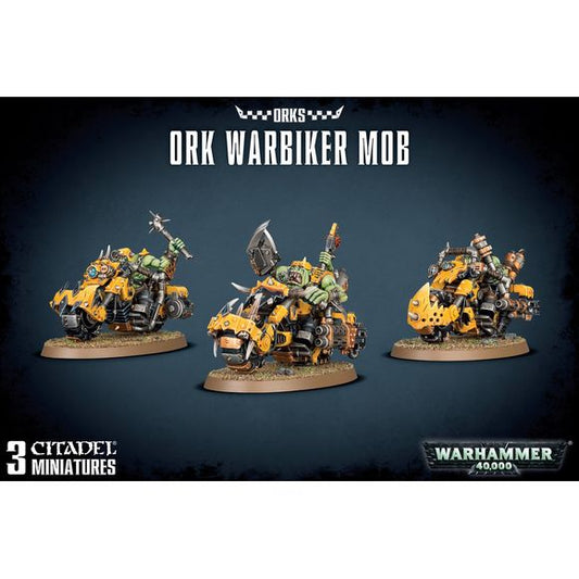 This boxed set contains 3 multi-part plastic Ork Warbikes, and includes options for an Ork Nob on Warbike, a variety of wargear options and extra details. Models supplied with 75 mm oval bases.