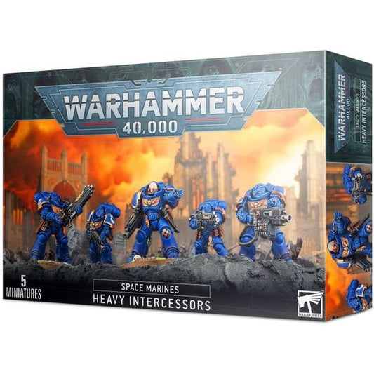 This 120-part plastic kit makes five Heavy Intercessors and is supplied with five Citadel 40mm Round Bases. The entire squad can be equipped with heavy bolt rifles, Hellstorm bolt rifles, or Executor bolt rifles, and a single member can be upgraded to carry a heavy bolter, Hellstorm heavy bolter, or Executor heavy bolter. The box also includes a Space Marines transfer sheet.