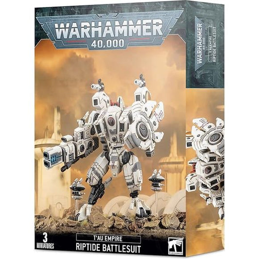 This multi-part plastic kit contains 108 components and a T'au transfer sheet with which to make a XV104 Riptide Battlesuit and two Shielded Missile Drones.