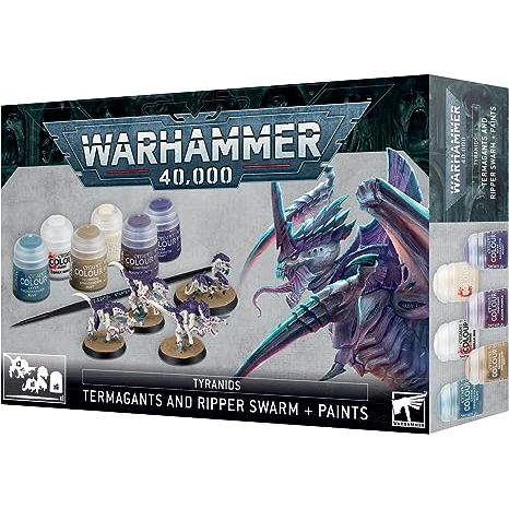 - Corax White (Base)
- Wraithbone (Base)
- Naggaroth Night (Base)
- Thunderhawk Blue (Layer)
- Magos Purple (Contrast)
- Armageddon Dust (Technical)

The box also includes a Citadel Starter Brush