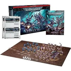 This boxed set includes:
1x 64-page softcover Warhammer 40,000 Starter Set Handbook 
38x plastic push-fit Citadel miniatures 
11x Space Marines
- 1x Captain in Terminator Armour:
- 5x Terminators:
- 5x Infernus Marines:
27x Tyranids
- 1x Winged Tyranid Prime
- 1x Psychophage
- 3x Von Ryan’s Leapers:
- 20x Termagants
- 2x Ripper Swarm

2x reference sheets

1x 30" by 22.4" double-sided gaming mat

2x range rulers and 10x six-sided dice
