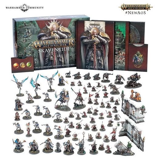 This massive launch box is packed to the brim with 74 jaw-dropping new miniatures divided between two factions. 

The Stormcast Eternals comprise 24 miniatures, with a command staff made up of an imperious Lord-Vigilant on Gryph-Staker, a solemn Lord-Terminos with attendant Memorian, a Lord-Veritant with Gryph-crow, and a Knight-Questor. The rank and file are made up of 10 indomitable Liberators , alongside three battle-hardened Reclusians with their Memorians and three soaring Prosecutors. 

Pitted against