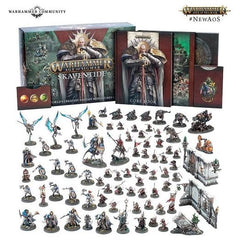 This massive launch box is packed to the brim with 74 jaw-dropping new miniatures divided between two factions. 

The Stormcast Eternals comprise 24 miniatures, with a command staff made up of an imperious Lord-Vigilant on Gryph-Staker, a solemn Lord-Terminos with attendant Memorian, a Lord-Veritant with Gryph-crow, and a Knight-Questor. The rank and file are made up of 10 indomitable Liberators , alongside three battle-hardened Reclusians with their Memorians and three soaring Prosecutors. 

Pitted against