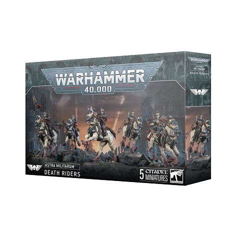 This multipart plastic kit builds five Death Riders. This kit comprises 131 plastic components, and 5x Citadel 60mm by 35.5mm Oval Bases. This set also includes 1x Death Korps of Krieg Transfer Sheet containing 803 waterslide transfers to customise your models.

These miniatures are unpainted and require assembly – we recommend using Citadel Plastic Glue and Citadel Colour paints.
This kit releases on 2/22