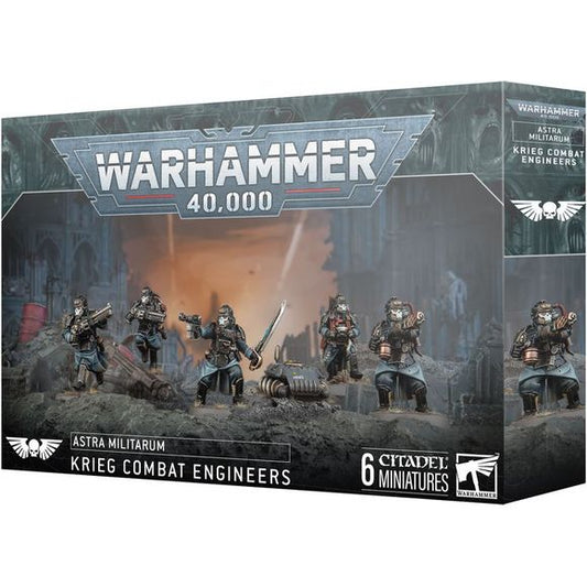 This multipart plastic kit builds five Krieg Combat Engineers. This kit comprises 109 plastic components, 5x Citadel 25mm Round Bases, and 1x Citadel 40mm Round Base. This set also includes 1x Death Korps of Krieg Transfer Sheet containing 803 waterslide transfers to customise your models.

These miniatures are supplied unpainted and require assembly – we recommend using Citadel Plastic Glue and Citadel Colour paints.
This kit releases on 2/22.